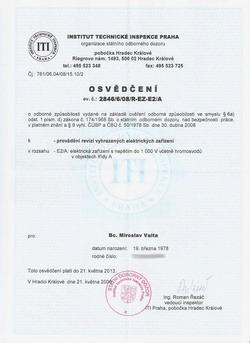 Osvědčení o odborné způspbilosti revizního technika elektro